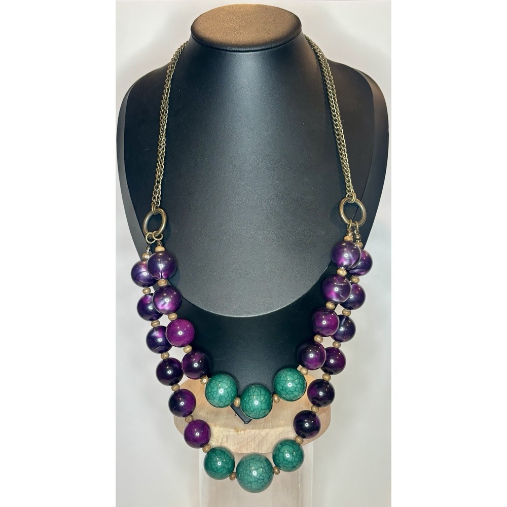 Vintage Statement 29" Double Strand Purple & Turquoise Acrylic Bead Necklace